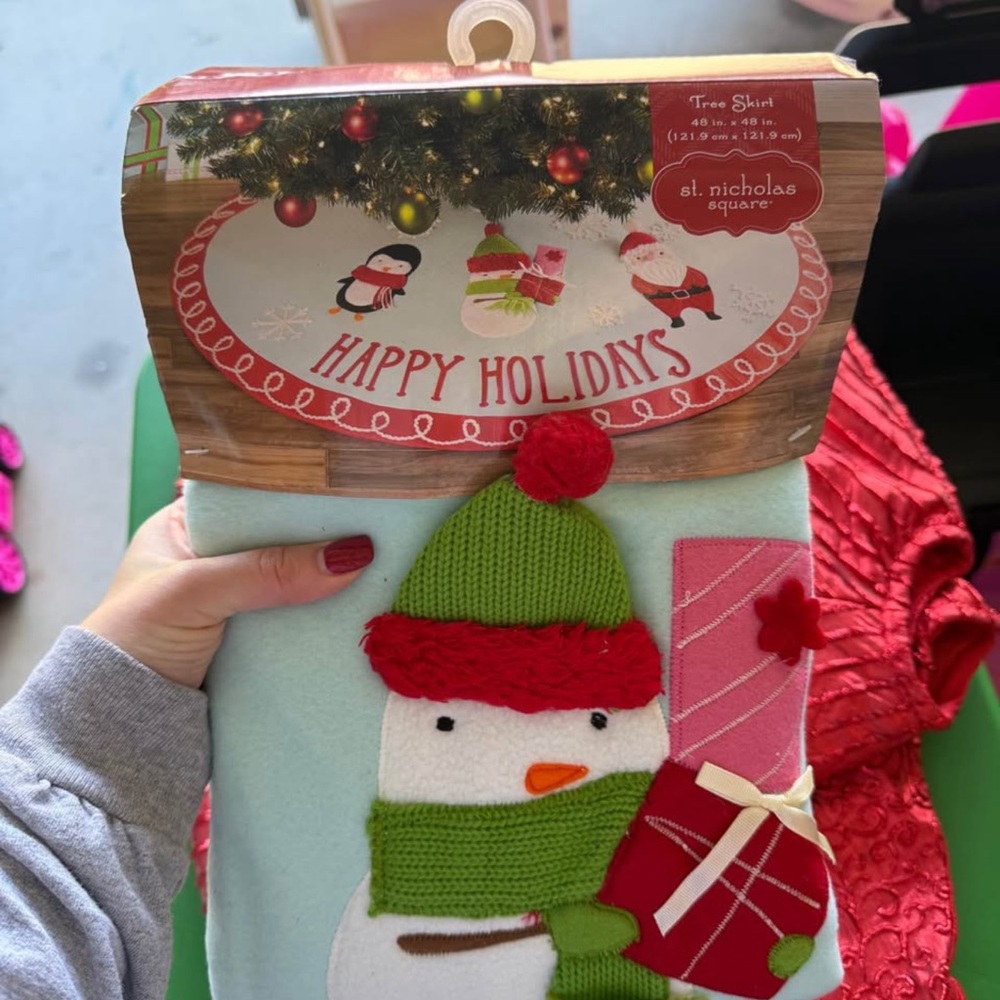 St. Nicholas Square Snowman Tree Skirt with Red and Green Accents